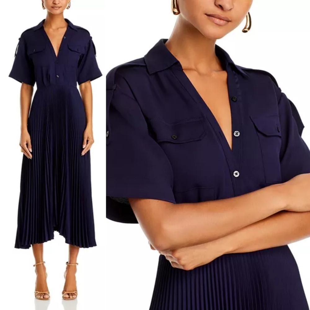 A.L.C. Liam Pleated Midi Shirt Dress in Maritime Navy Blue